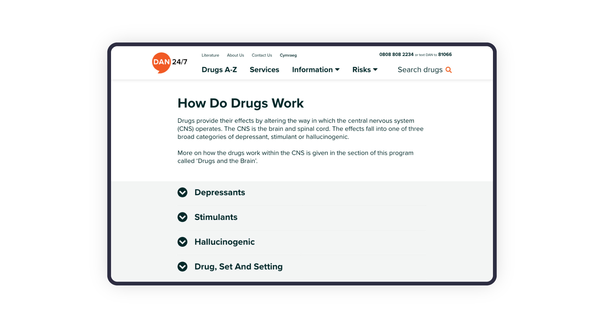 DAN 24/7 website how do drugs work page on desktop